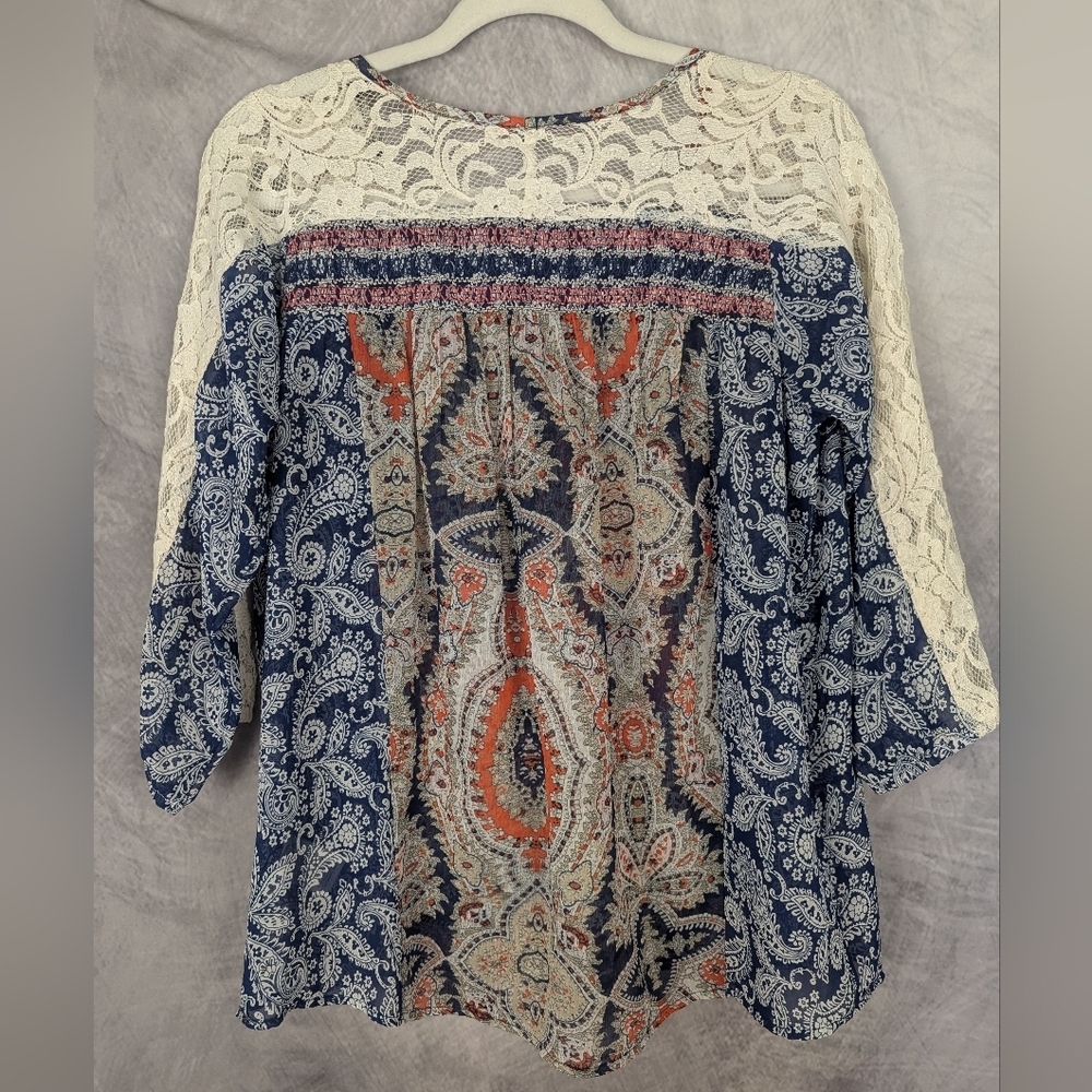 Miss Me Medium Boho Blouse Navy/Orange/Cream Lace Shoulders V-Neck - Picture 2 of 12